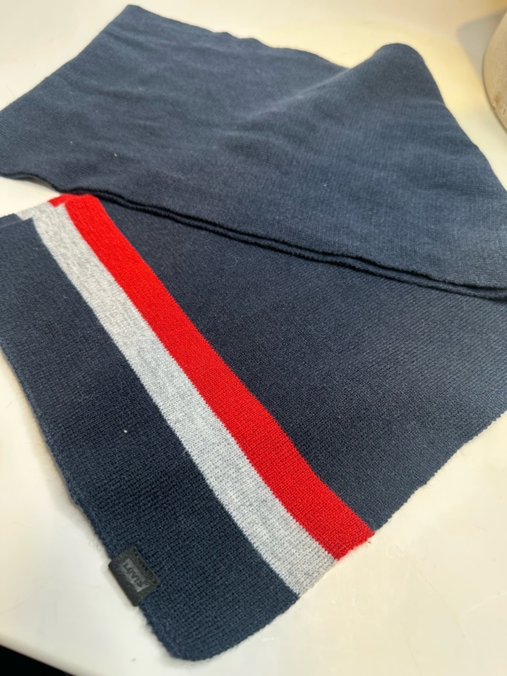 Levi's Navy Blue Scarf with Red and Gray Stripe